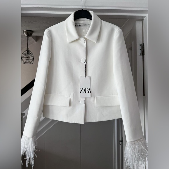 Zara white Blazer With Feathers Feather Cuffs Suit Jacket office business - Picture 4 of 14